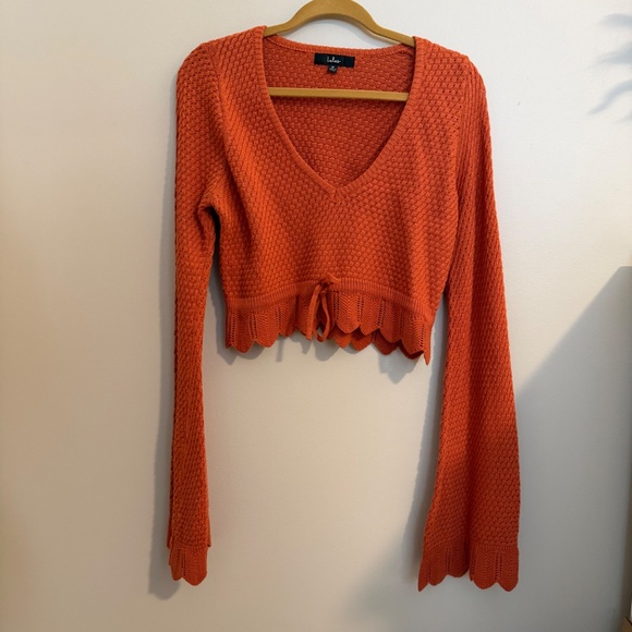 Lulus Total Frills Rust Orange Knit Drawstring Cropped Sweater Top - Picture 3 of 10